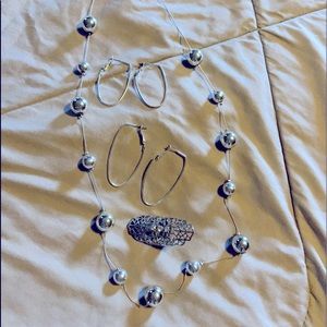 Silver necklace earrings and stretchy ring